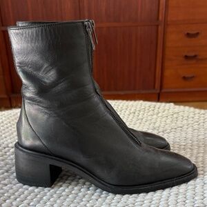 Zara Black Leather Zip Front Ankle Boots size 38
